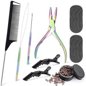 imageNEWISHTOOL Hair Extension Tool Kit Micro Links Beading Pliers Loop Pulling Hook Threader Bead Device Tool and 300 PCS Silicone Beads Hair Styling Accessories Micro Rings Feather Extension Tools