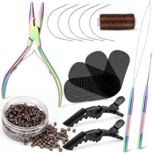 imageNEWISHTOOL Micro Links Hair Extensions Kit Hair Extension Pliers for Beads Hair Extension Loop Needle Pulling Hook Tool Bead Device Tool Kits Micro Link Tools for Hair or Feather Extensions StylingRainbow Set