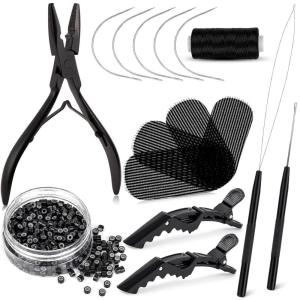 imageNEWISHTOOL Micro Links Hair Extensions Kit Hair Extension Pliers for Beads Hair Extension Loop Needle Pulling Hook Tool Bead Device Tool Kits Micro Link Tools for Hair or Feather Extensions StylingBlack Set