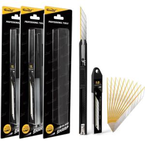 imageNEWISHTOOL 3 Pack Box Cutter Retracable Utility Knife 9mm Wide SnapOff Blades Titanium Coating Edge Craft Knives with Extra Blades for Office Cutting Box Wrapping Carboard Extended Razor Knife